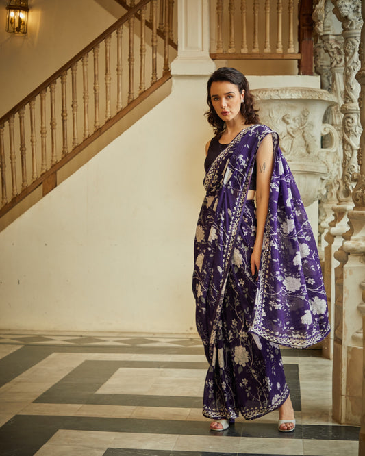 Designer purple color Hand Embroidered saree