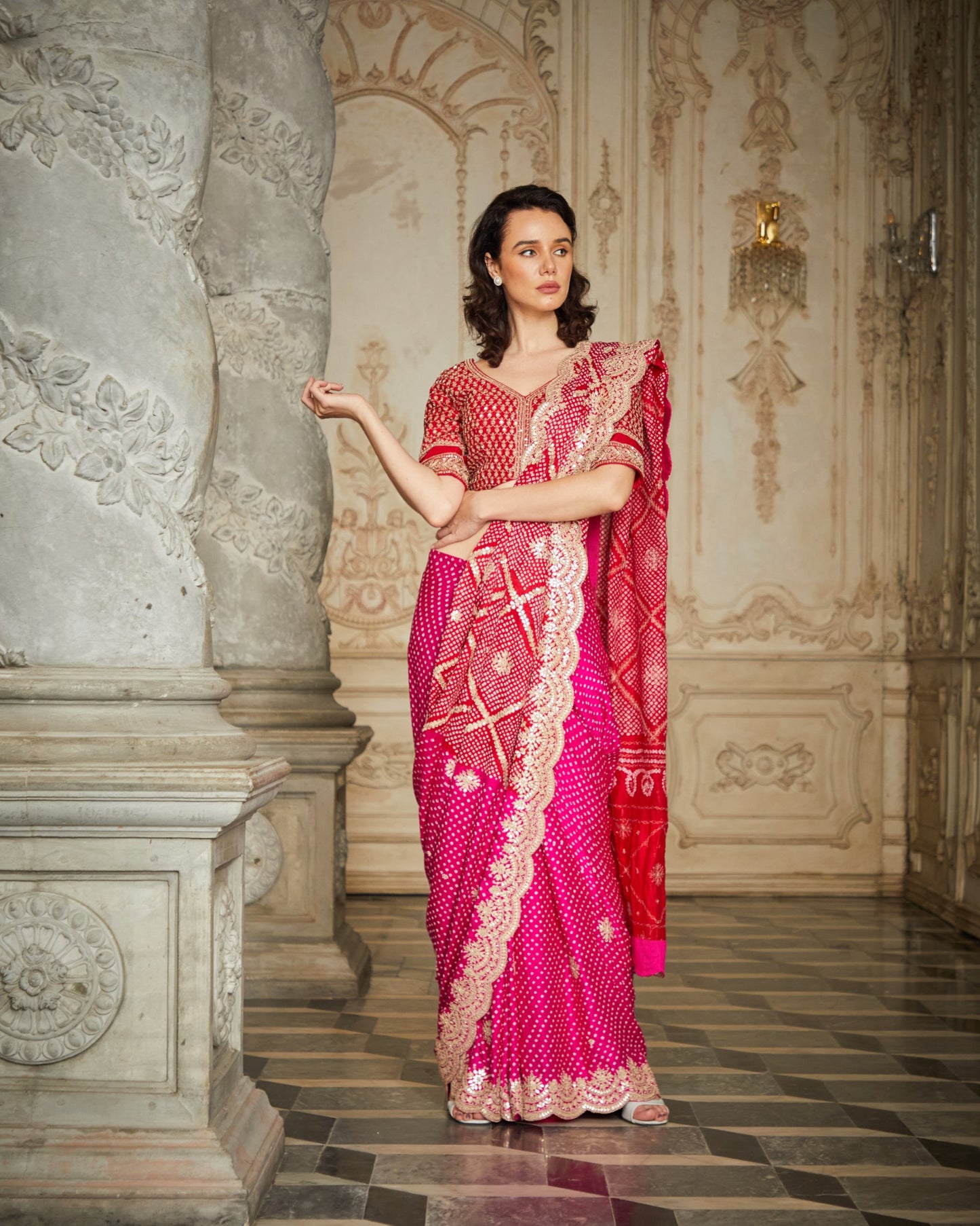 Designer Red and Pink color Hand Embroidered Saree