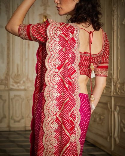 Designer Red and Pink color Hand Embroidered Saree